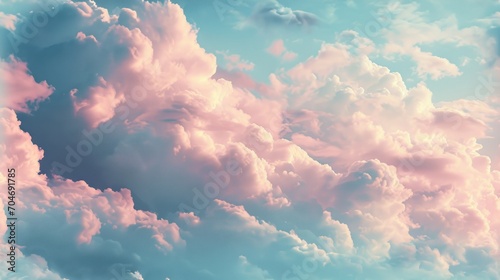  a sky full of pink clouds with a plane in the middle of the picture and a blue sky in the background.