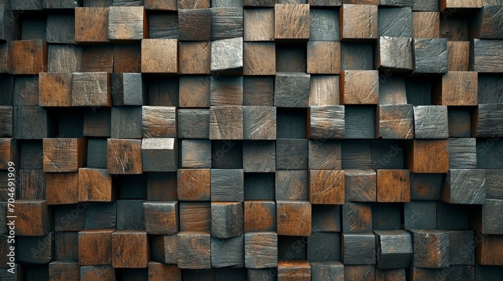 : An abstract art piece featuring aged wood blocks stacked in a unique pattern against a wall, creating a rustic architectural texture. 8k