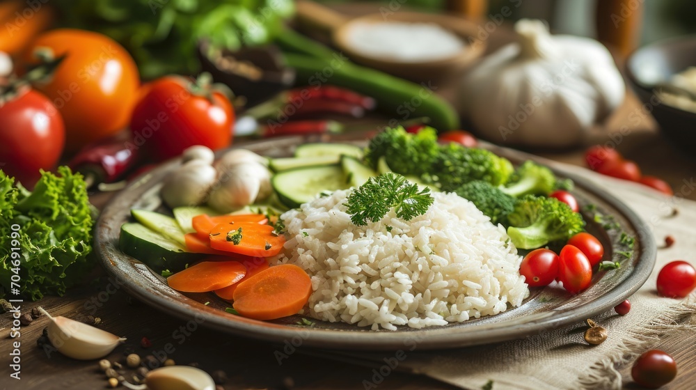 a plate of rice, carrots, broccoli, cucumbers, and tomatoes on a table. a plate of rice, carrots, broccoli, cucumbers, and tomatoes on a table.
