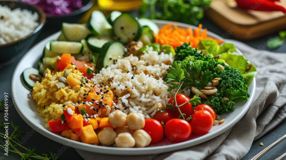 a close up of a plate of food with rice, broccoli, tomatoes, and cucumbers. a close up of a plate of food with rice, broccoli, tomatoes, and cucumbers.