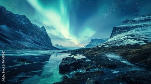  a view of a mountain range with a river running through it and the aurora lights in the sky above it.