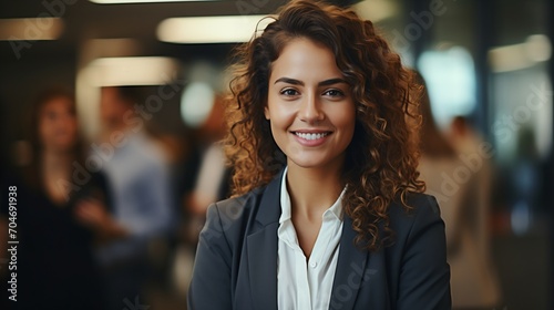 Confident businesswoman with curly hair smiling in an office