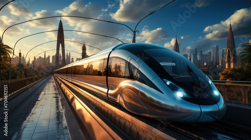 futuristic train on elevated track in urban setting