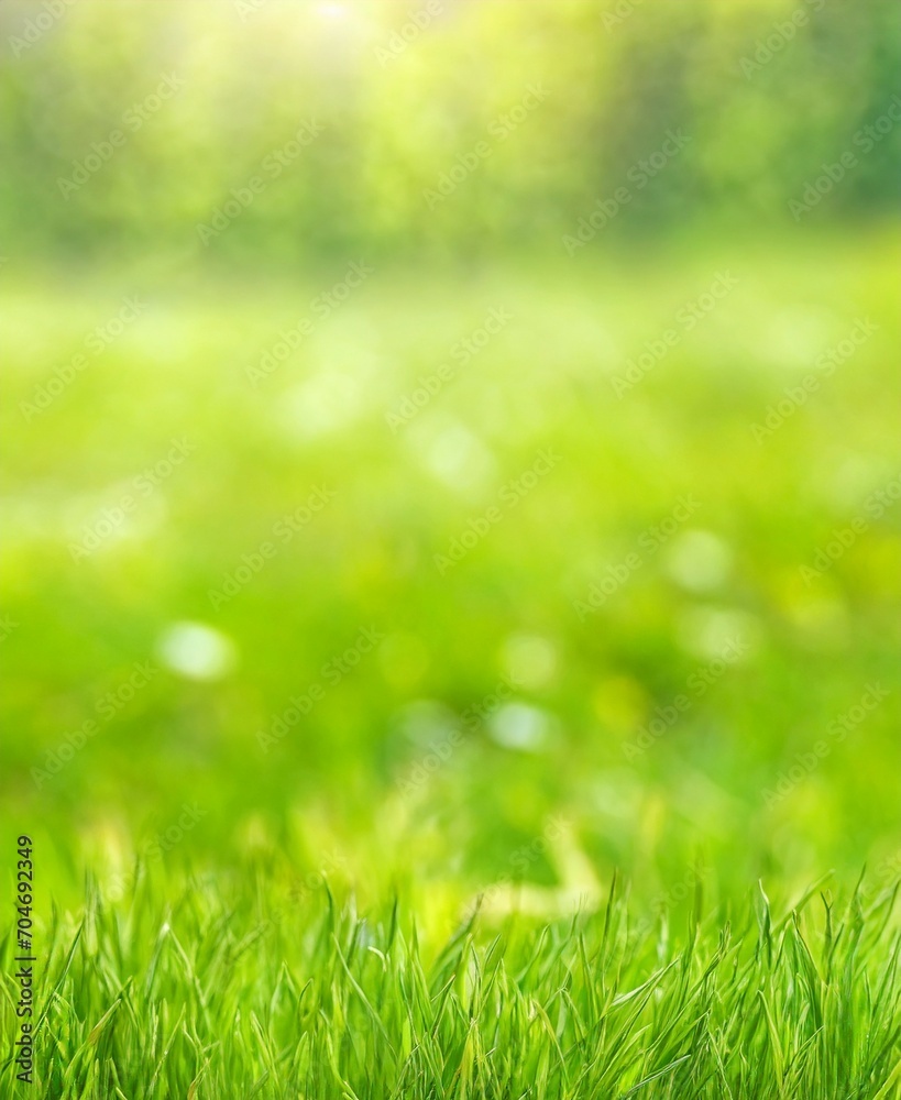 Beautiful blurred green nature background with green meadow in foreground, idyllic area for recreation, fresh springtime or summertime concept with copy space