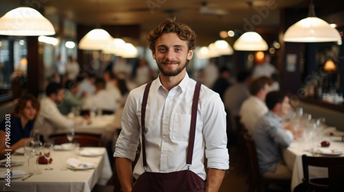 portrait of a smiling waiter in a busy restaurant