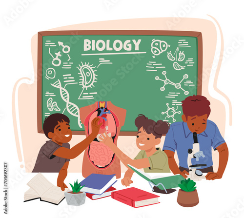 Enthusiastic Kids Engage In Hands-on Learning, Exploring The Intricacies Of Anatomy And Biology In A Classroom