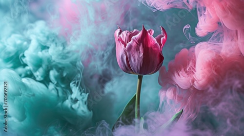 a pink tulip in front of a blue, pink and pink cloud of smoke on a blue and pink background.