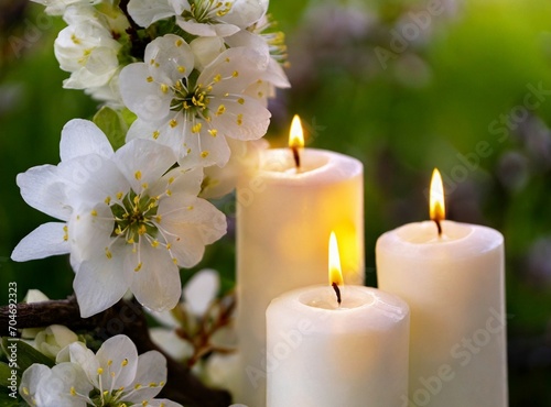 Wedding decoration, outdoor ceremony, white candles and flowers
