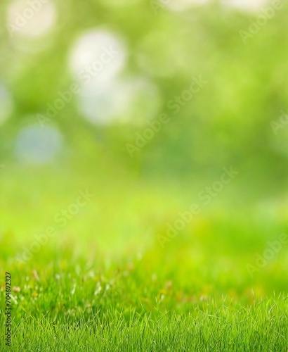 Beautiful blurred green nature background with green meadow in foreground, idyllic area for recreation, fresh springtime or summertime concept with copy space