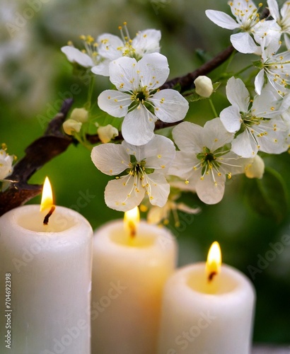 Wedding decoration, outdoor ceremony, white candles and flowers