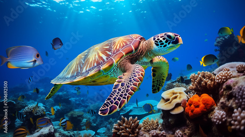 turtle with group of colorful fish and sea animals with colorful coral underwater in ocean. generative ai © Musyarofah