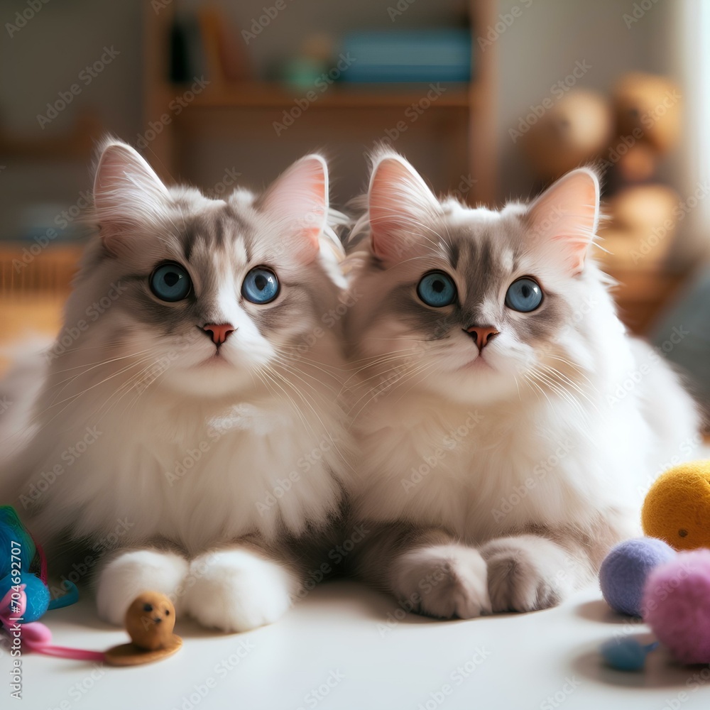 two lovely kittens with blue eyes at home 