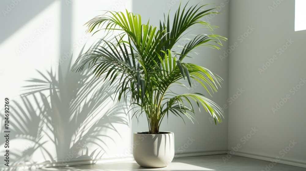 a potted plant in a white planter on a tile floor in a white room with sunlight streaming through the window. a potted plant in a white planter on a tile floor in a white room with sunlight streaming through the window.