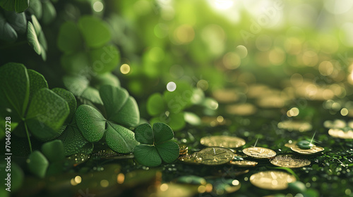The detail of clovers and coins with a bokeh background