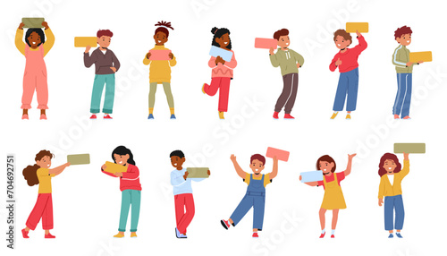 Joyful Kids With Empty Banners, Their Faces Alive With Excitement. Boys And Girls Characters Cartoon Vector Illustration