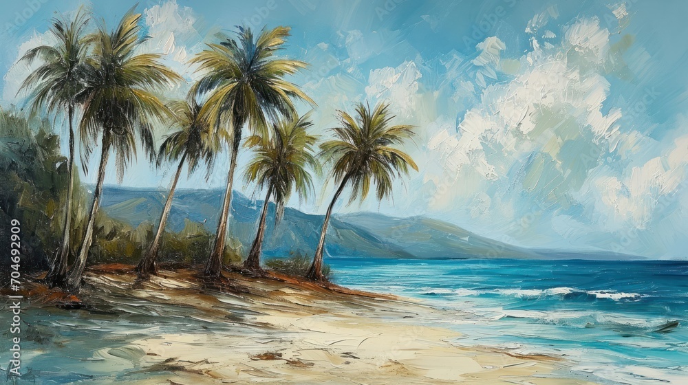  a painting of a tropical beach with palm trees on the shore and a blue sky with clouds in the background.