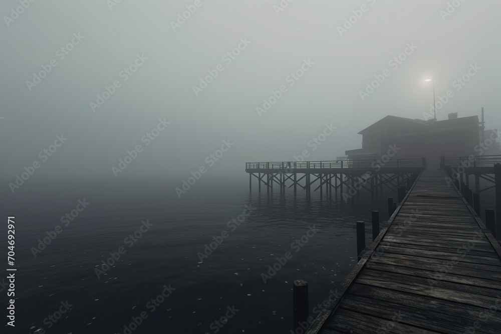 Wooden dock near a body of water on a foggy day