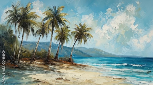  a painting of a tropical beach with palm trees on the shore and a blue sky with clouds in the background.
