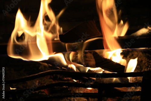 Wood burning fireplace close up