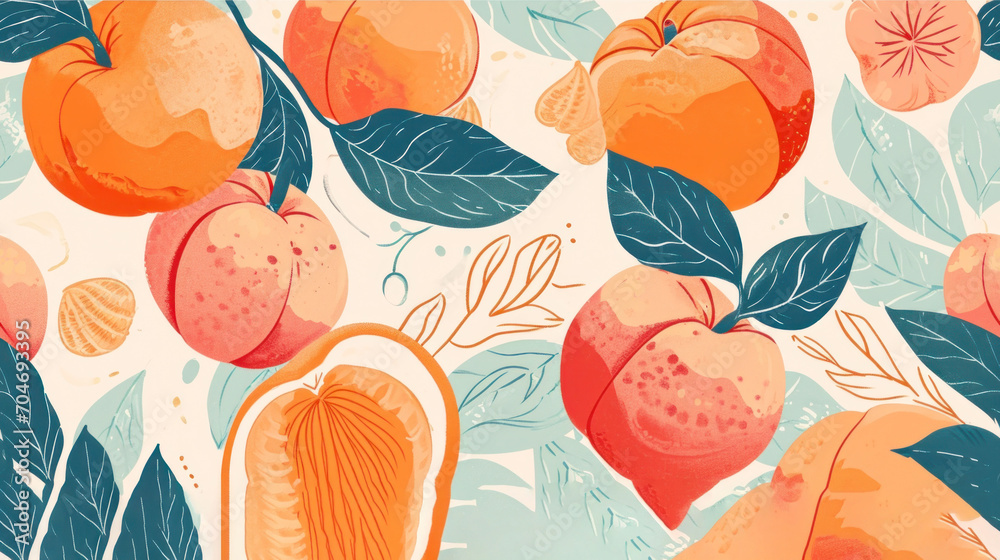 a pattern of oranges with leaves and flowers on a white background with ...