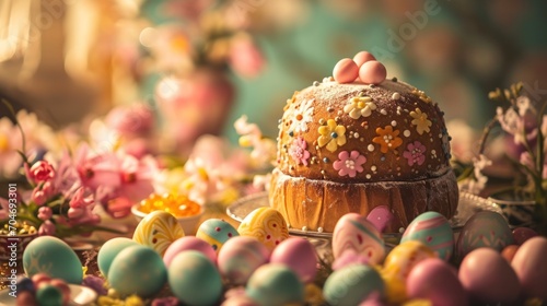  a cake sitting on top of a cake plate surrounded by small flowers and easter eggs on top of a table.