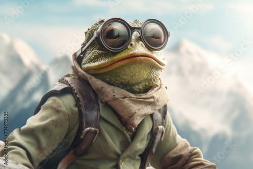 frog dressed as a climber who conquers mount
