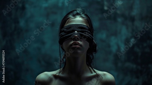 A girl with a blindfold is groping in the dark. Abstract symbolism