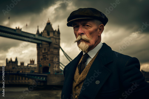 a very atmospheric portrait of a typical British older man in a classic suit and cap. London Bridge in cloudy weather.