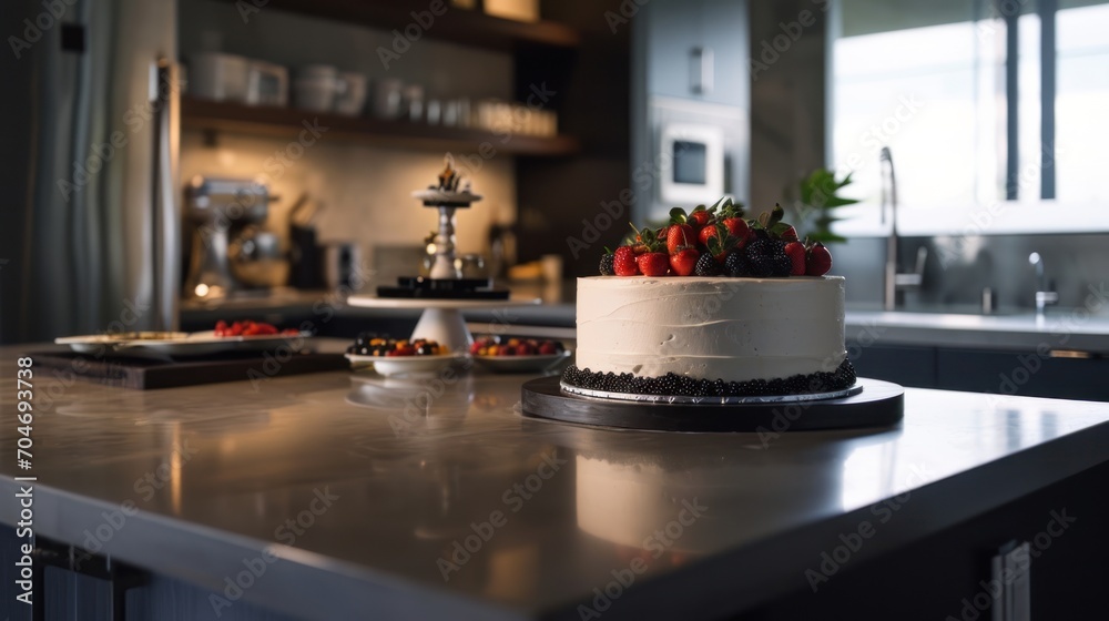  a white cake sitting on top of a counter next to a knife and a bowl of strawberries on top of a counter.