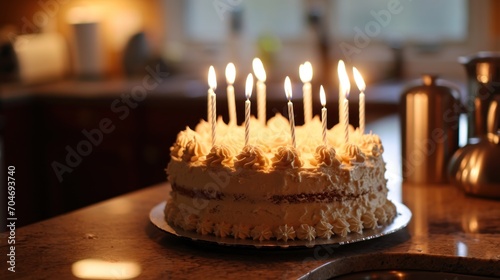  a cake with white frosting and lit candles sitting on a counter next to a coffee pot and a tea kettle. © Anna