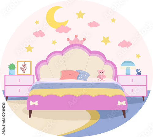 simple room illustration, with bedside tables, painting, flower, lamp, moon and stars, vector illustration