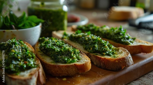  a wooden cutting board topped with slices of bread covered in pesto on top of a table next to a bowl of greens.