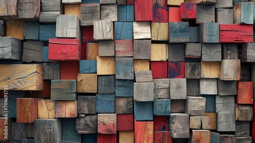   An artistic installation of wooden blocks  varying in age and color  meticulously stacked to create an abstract architectural texture. 8k