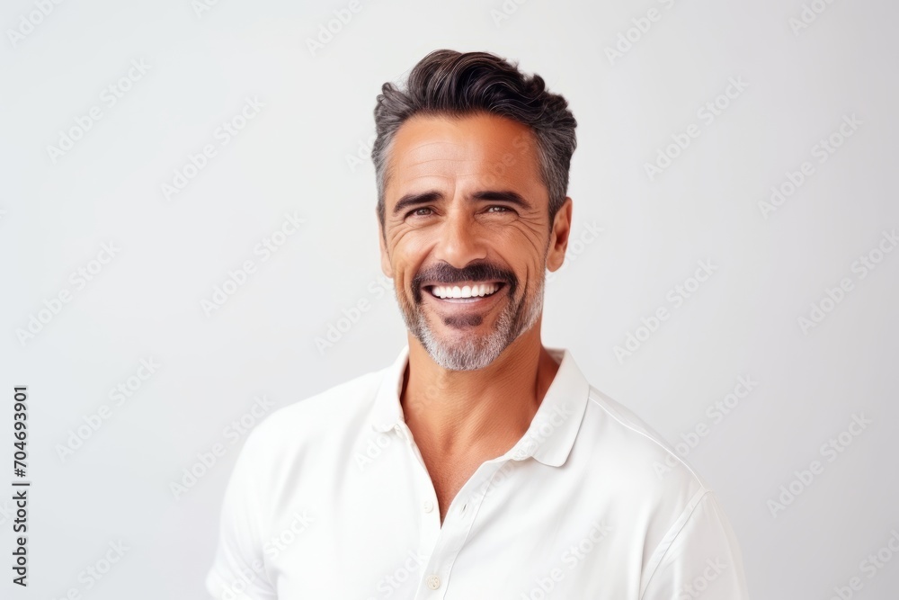 Handsome middle aged man smiling at the camera while standing against grey background Handsome middle aged man smiling at the camera while standing against grey background
