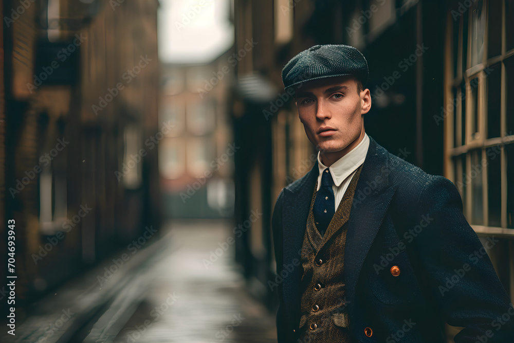 a very atmospheric portrait of a typical British young man in a classic suit and cap. London in cloudy weather.