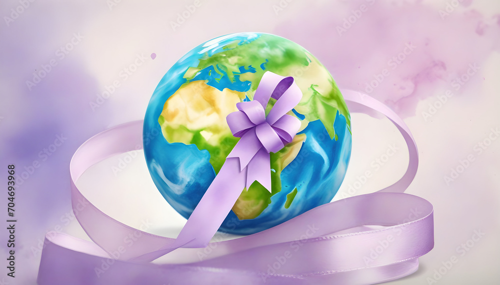  World Cancer Day. Lilac ribbon with a globe. Planet Earth. Watercolor hand drawn illustration world cancer day concept created with generative ai