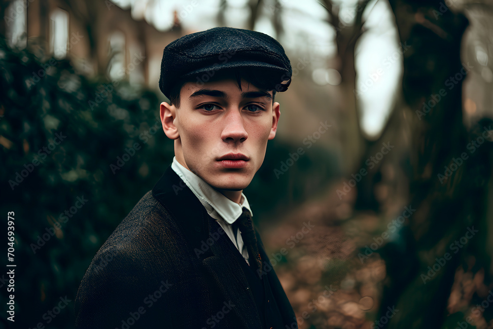 a very atmospheric portrait of a typical British young man in a classic suit and cap. London in cloudy weather. a very atmospheric portrait of a typical British young man in a classic suit and cap. London in cloudy weather.