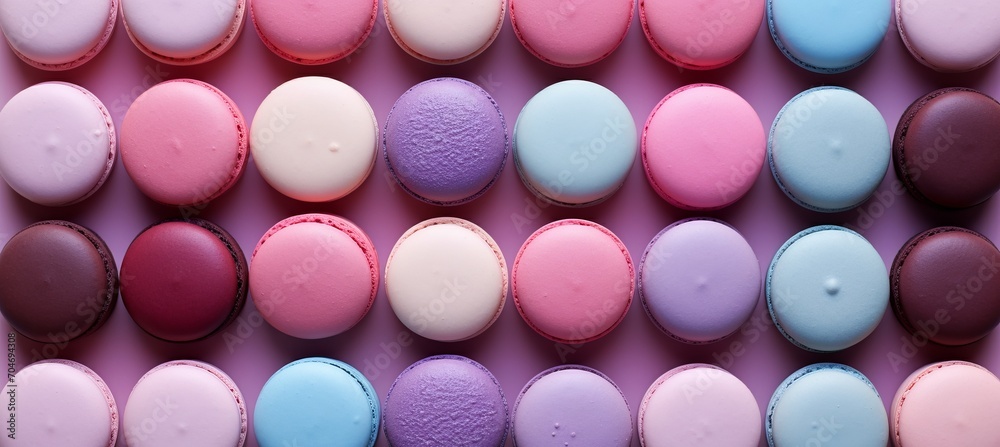 Colorful macaron cake with sweet macaroon pattern, top view flat lay, minimalist food background Colorful macaron cake with sweet macaroon pattern, top view flat lay, minimalist food background