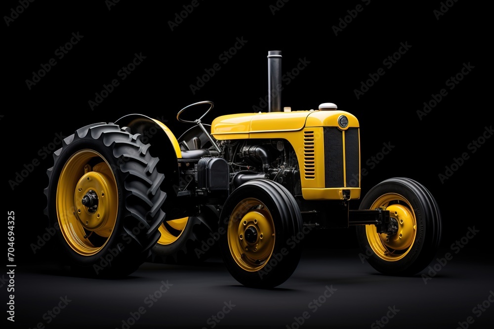 A yellow tractor isolated on a black background A yellow tractor isolated on a black background