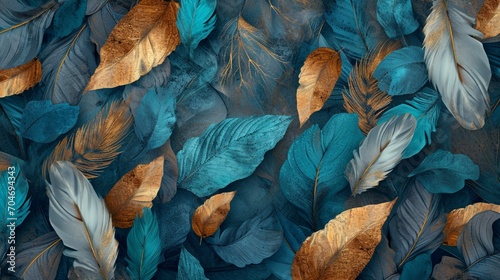 Artistic 3D wallpaper, blue and turquoise leaves, gray feathers, golden accents, and oak, nut wood wicker texture, Illustration, vivid color and texture, photo