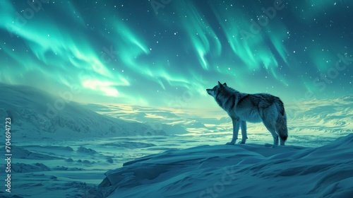  a wolf standing on top of a snow covered hill under a sky filled with green and blue aurora bores.