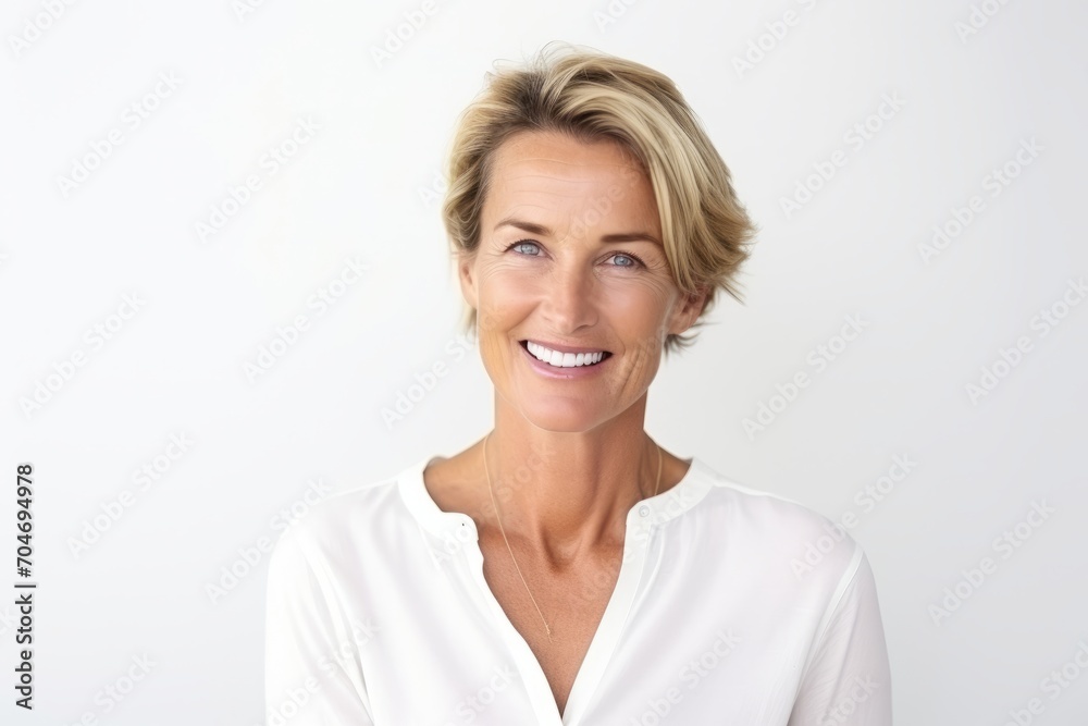 Portrait of happy mature businesswoman smiling at camera against white background Portrait of happy mature businesswoman smiling at camera against white background