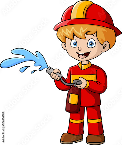 Cute firefighter boy holding fire extinguisher