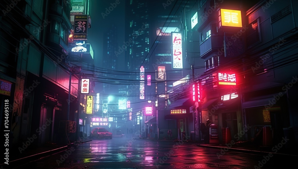 A dark and rainy street in a cyberpunk city with neon lights and people walking