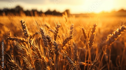  a close up of a wheat field with the sun setting in the background and a few clouds in the sky.