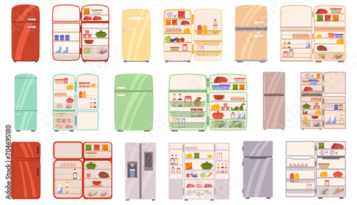 Refrigerators With Products, Vegetables, Meat, Fruits Dairy, And Refreshing Beverages. Appliances That Use A Cooling