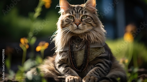 A cat wearing a necklace is sitting in a field of flowers