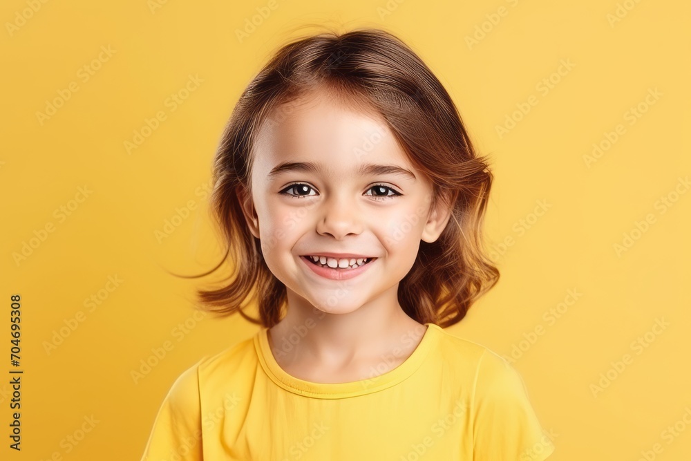 Portrait of a cute smiling little girl in yellow t-shirt over yellow background Portrait of a cute smiling little girl in yellow t-shirt over yellow background