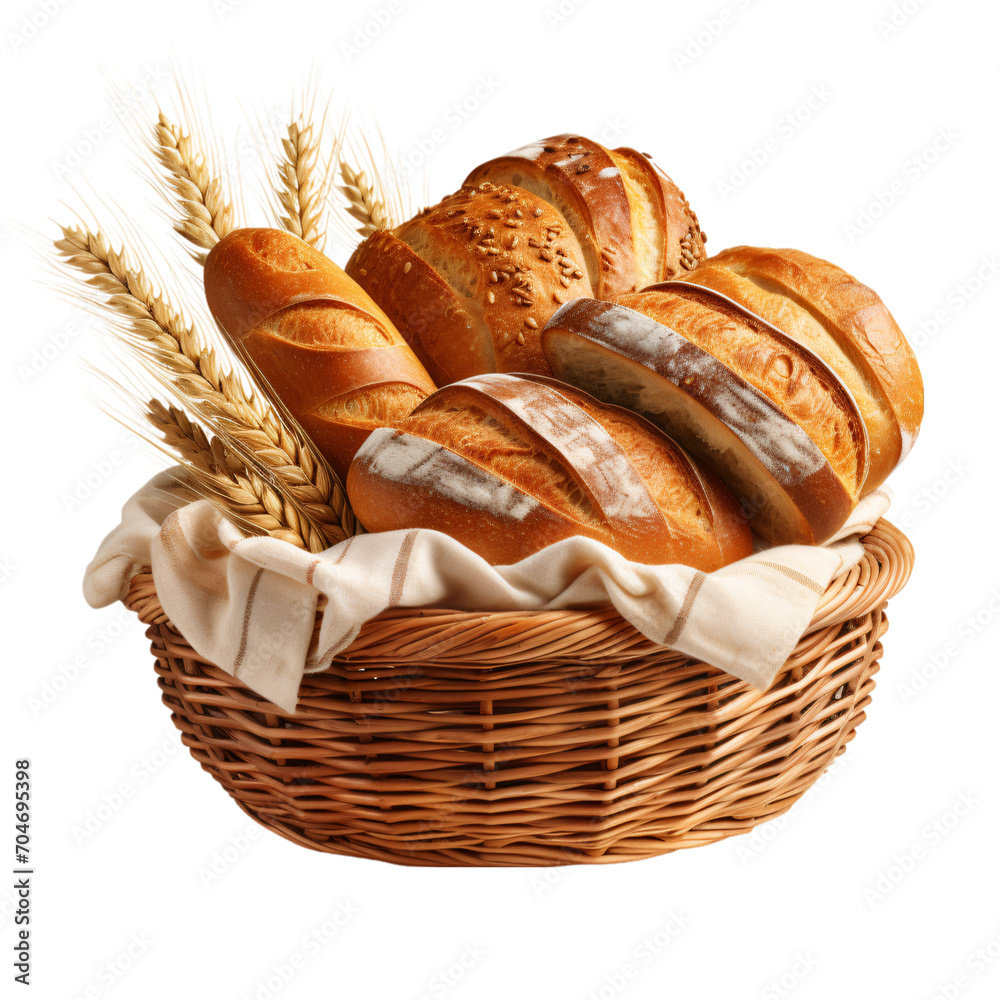 pastry isolated, bread basket isolated, Fresh bread, buns set, transparent background cutout