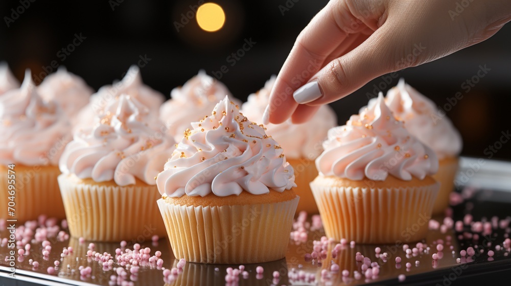 Young woman hand holding cupcake with cream and candy